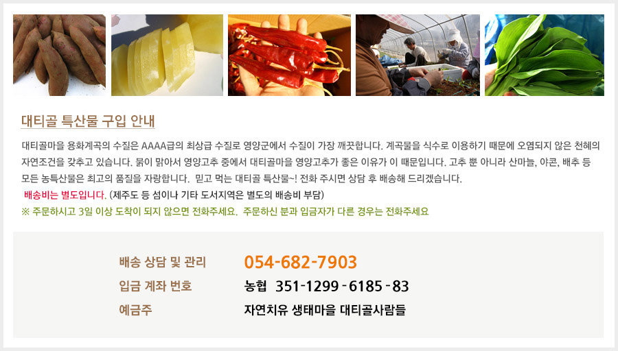 대티골 특산물 구입 안내, 대티골마을 용화계곡의 수질은 AAAA급의 최상급 수질로 영양군에서 수질이 가장 깨끗합니다. 계곡물을 식수로 이용하기 때문에 오염되지 않은 천혜의 자연조건을 갖추고 있습니다. 묽이 맑아서 영양고추 중에서 대티골마을 영양고추가 좋은 이유가 이 때문입니다. 고추 뿐 아니라 산마늘, 야콘, 배추 등모든 농특산물은 최고의 품질을 자랑합니다.  믿고 먹는 대티골 특산물, 전화 주시면 상담 후 배송해 드리겠습니다.  배송비는 별도입니다. (제주도 등 섬이나 기타 도서지역은 별도의 배송비 부담) 주문하시고 3일 이상 도착이 되지 않으면 전화주세요. 주문하신 분과 입금자가 다른 경우는 전화주세요 